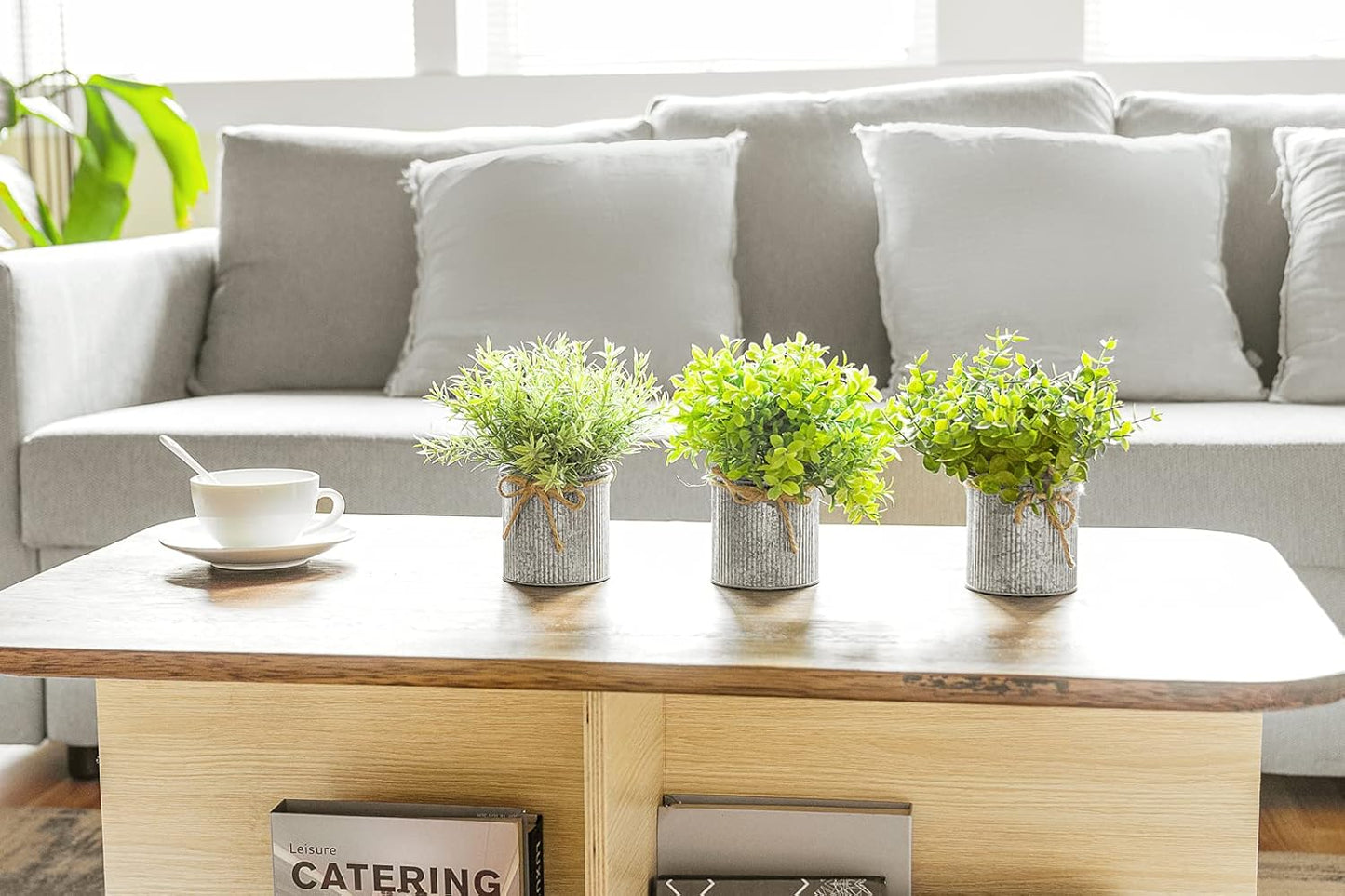 Small Fake Plants in Farmhouse Galvanized Metal Pots Potted Artificial / Grey / 3 Inch / Set of 3