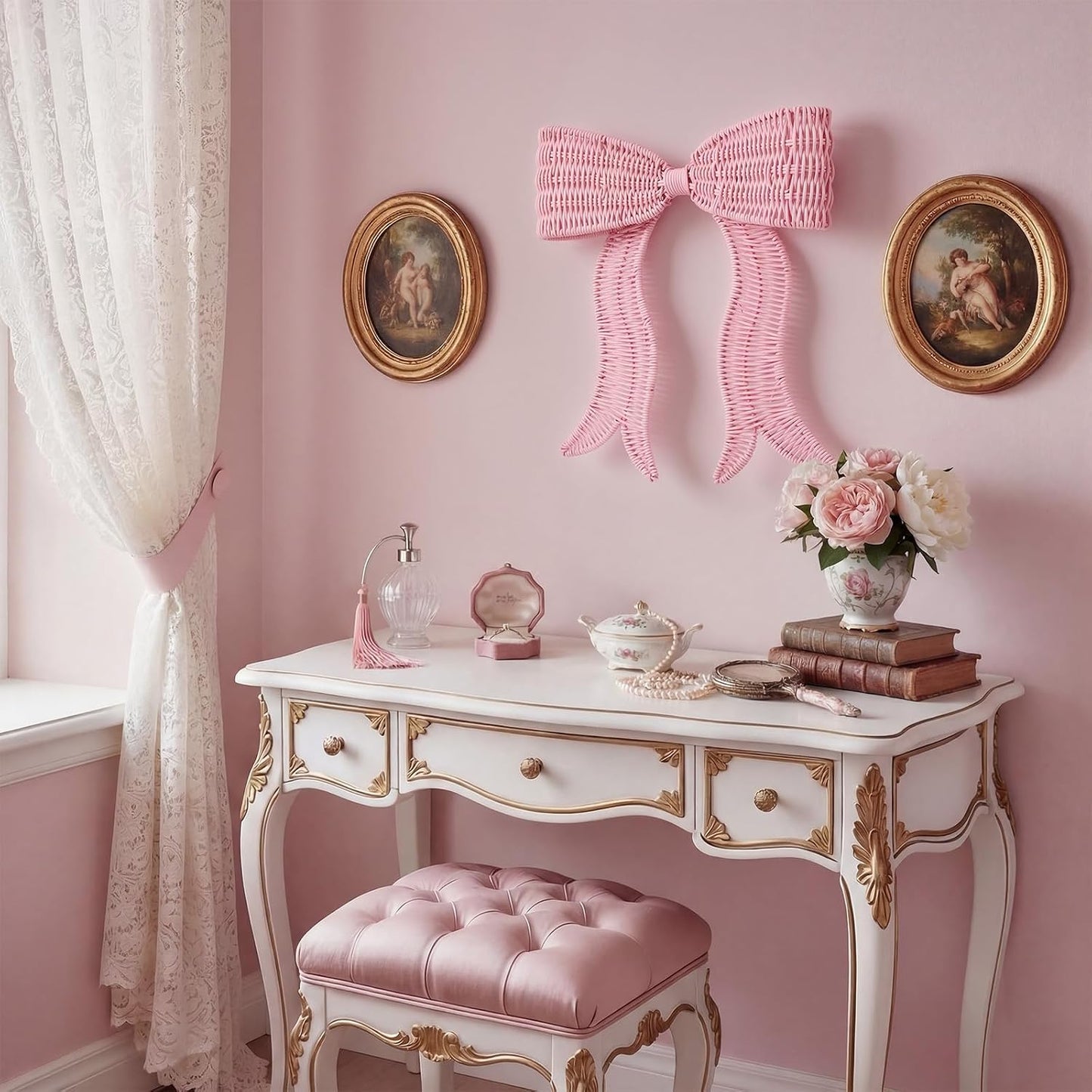 Rattan Bow Wall Decoration Boho Bow Wall Decor Woven Natural Hanging Woven Decor for Nursery / Pink
