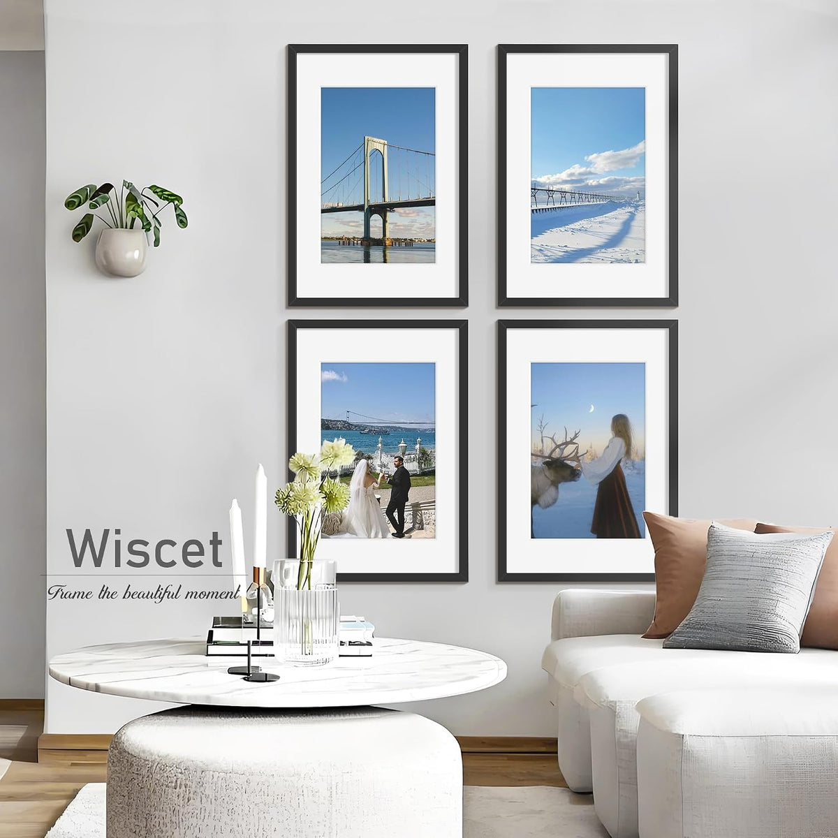 Wiscet 16x24 Picture Frame Set of 4, for Wall Mounting, Black | Display Picture 12x18 with Mat or 16x24 Poster Frame