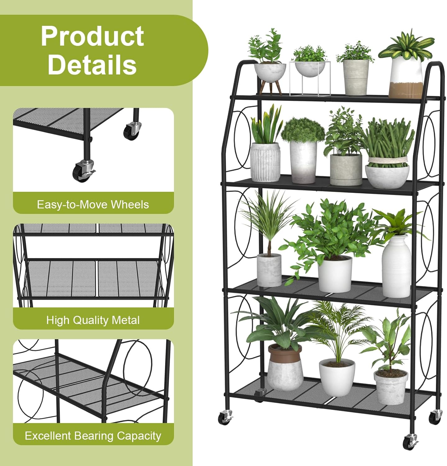 VyGrow 4 Tier Plant Stand with Wheels, Plant Shelf for Indoor Outdoor, Heavy Duty Metal Tall Plant Stands Holder Rack