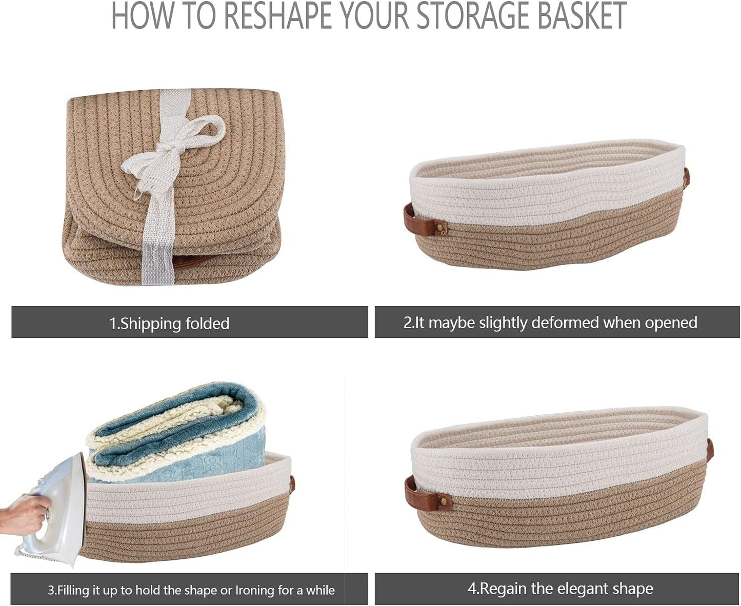 Farmhouse Home Decor Organizing Baskets " Brown / Brown Stitching White / 13 x 5.9 x 4