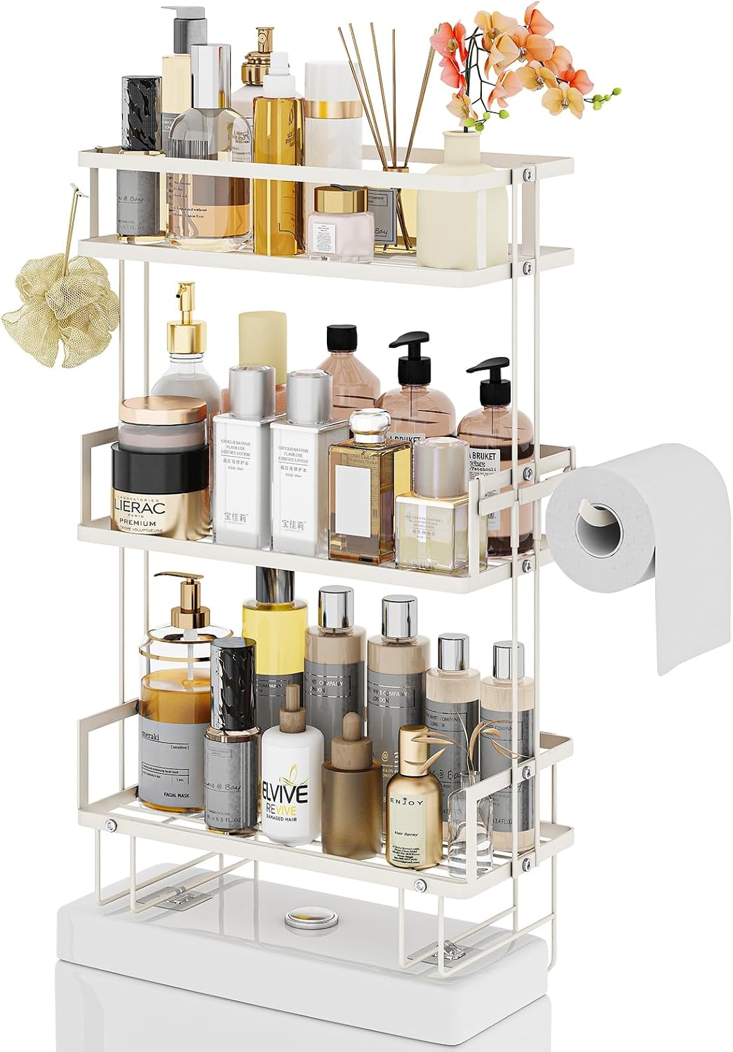 3-Tier Over Toilet Storage Shelf, Wall-Mount with 2 Hook/Paper Rack | Bathroom Organizers and Storage Cabinet