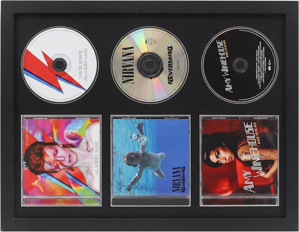 Signed CD Music Display Frame for Wall Mounting | wall cd holder Holds 3 CD/DVD Jewel Cases with Real Glass and Black