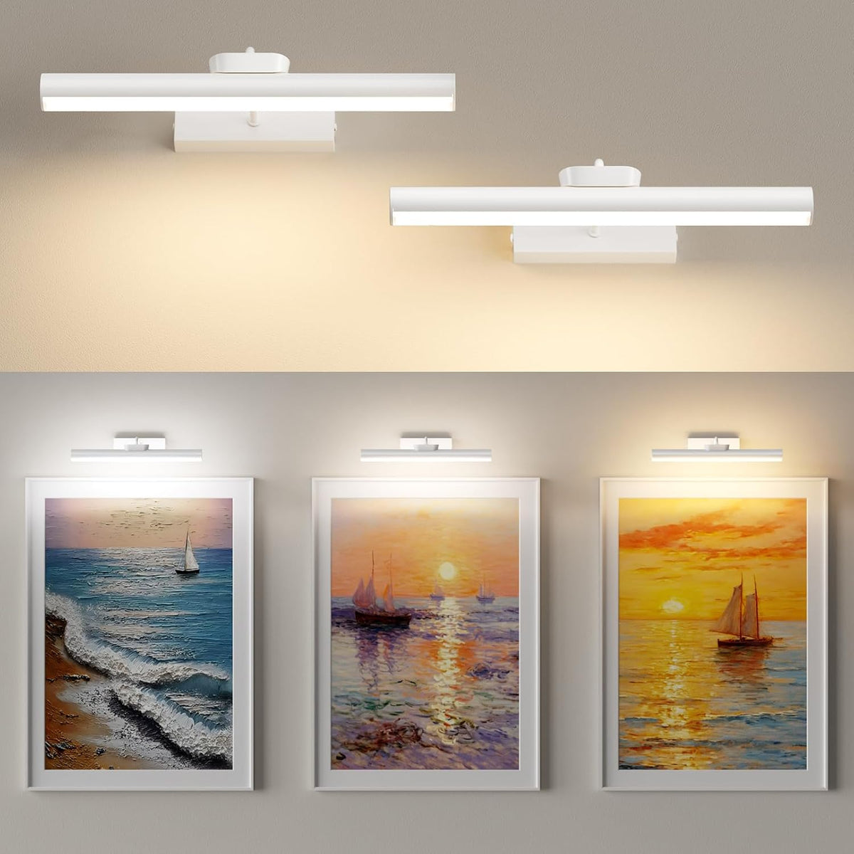 Picture Light for Wall, 4000mAh, White, 13.8 Inch, 2 Pack | Cordless Rechargeable, LED Art Light with Remote, Dimmable