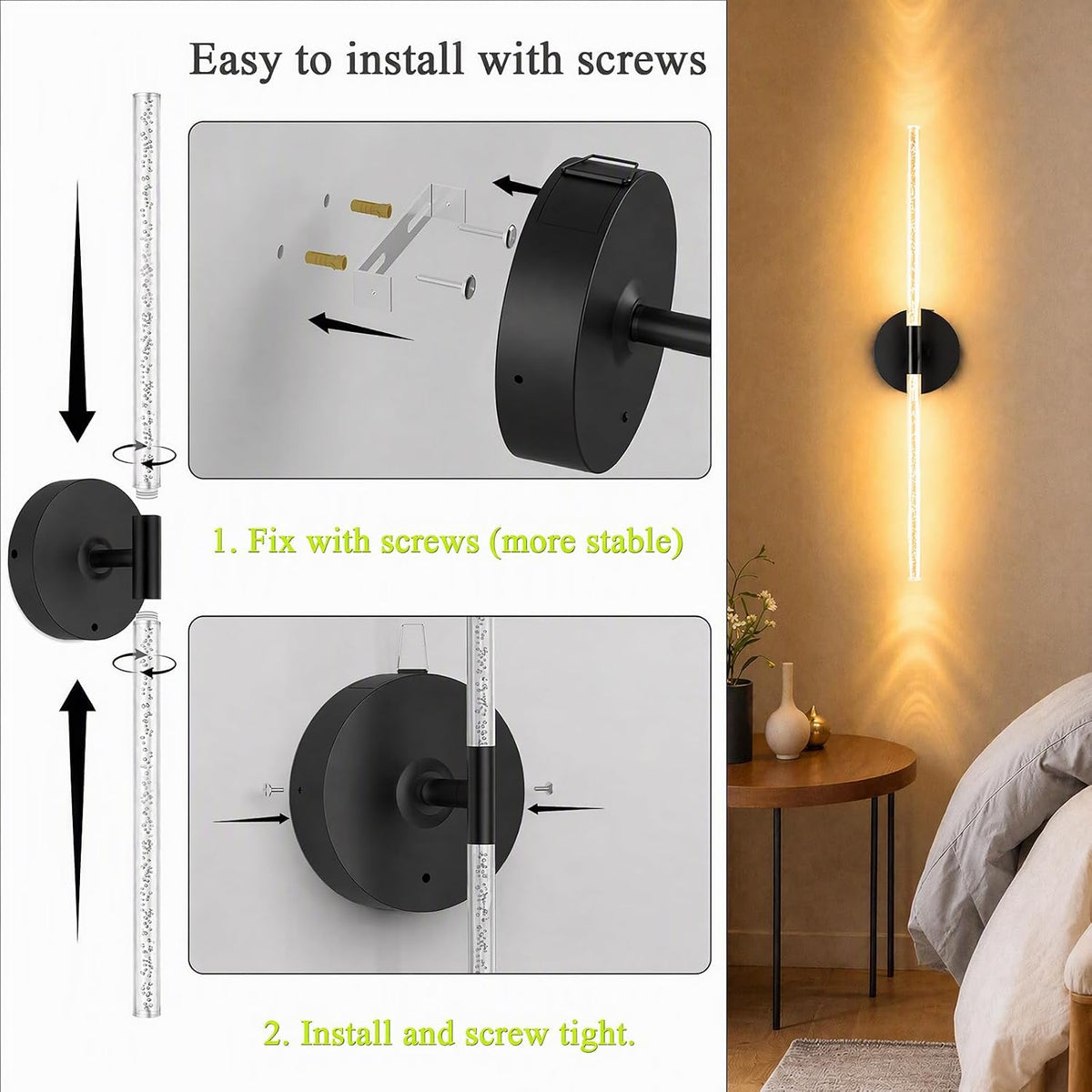 10000mAh Battery Operated Wall Sconce Lights Set of 2(Black,Bubble Crystal) | Rechargeable Wireless Wall Lights, Touch