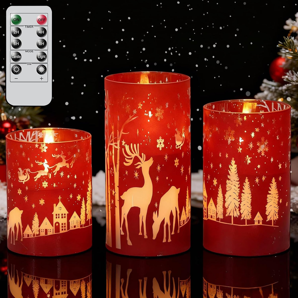 Wondise Red Christmas Reindeer LED Flameless Candles with Remote Timer