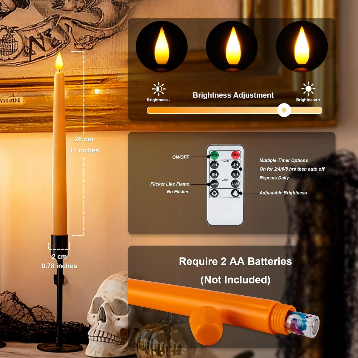 Homemory 12 Pcs Flameless Taper Candles with Remote Timer Dimmer, 11 inches Orange Taper Candles Battery Operated