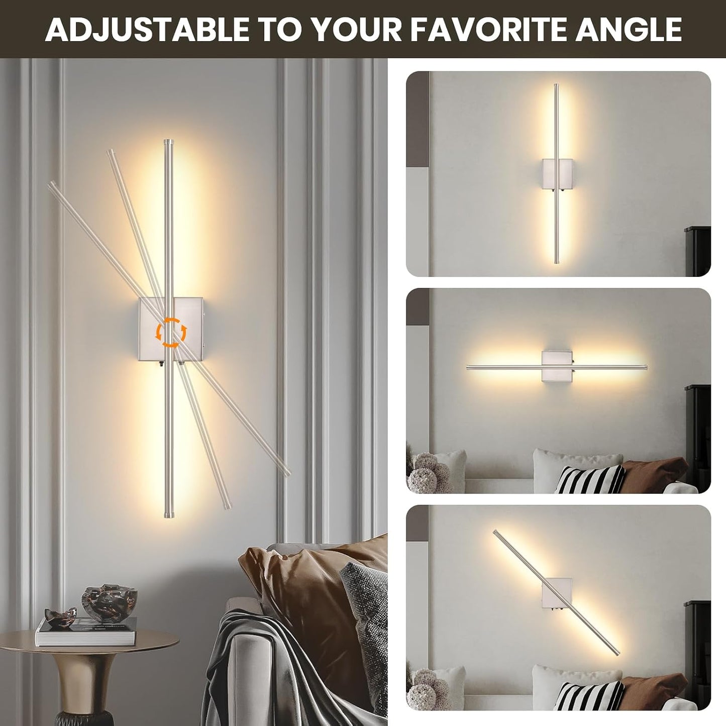 Wireless Battery Operated Wall Sconces, 11000mAh Rechargeable Brushed Nickel Wall Light with Remote Control, 350°Rotate