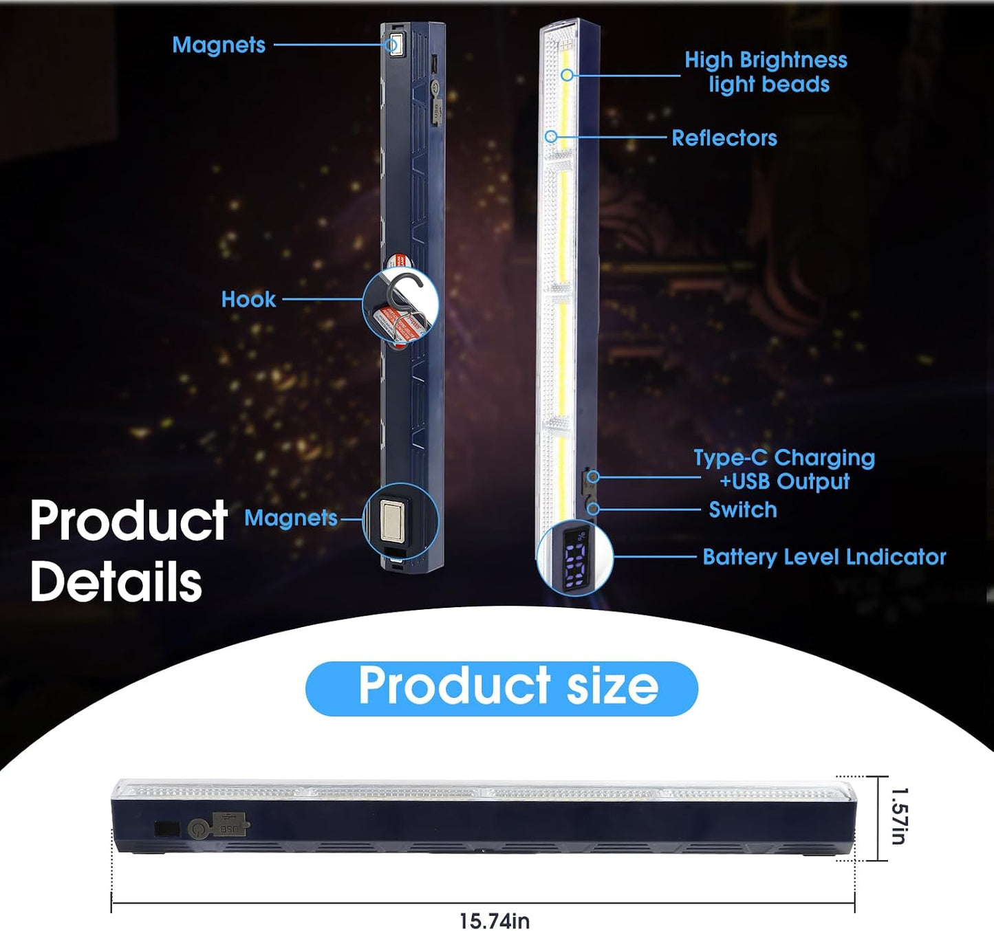 Magnetic Light BAR,15.75-inches Mechanic Light 7500mAh 8000 Lumens | Rechargeable Portable Lamp Built-in 216-LED