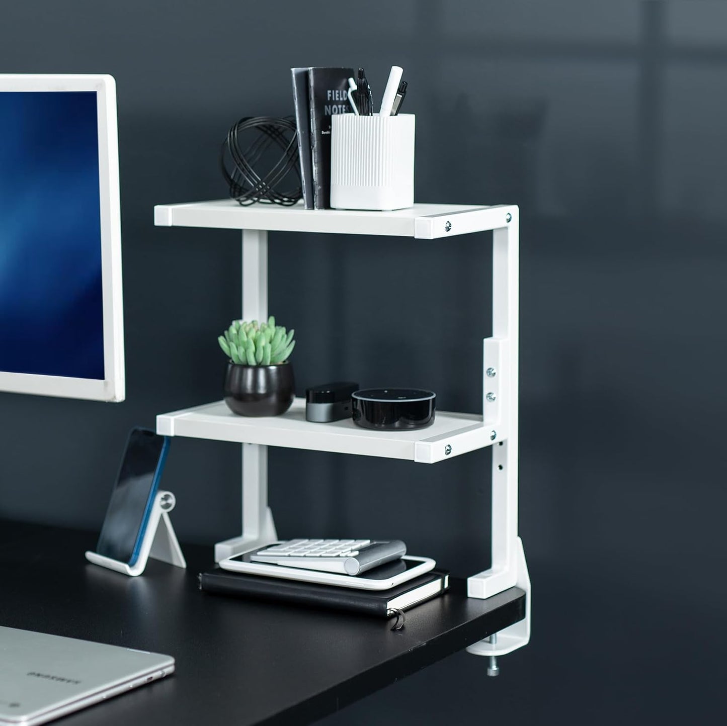 VIVO White Clamp-on 13 inch 2-Tier Desk Shelf, STAND-SHELF2CW | Above or Below Desk, 2 Level Shelving Unit for Table