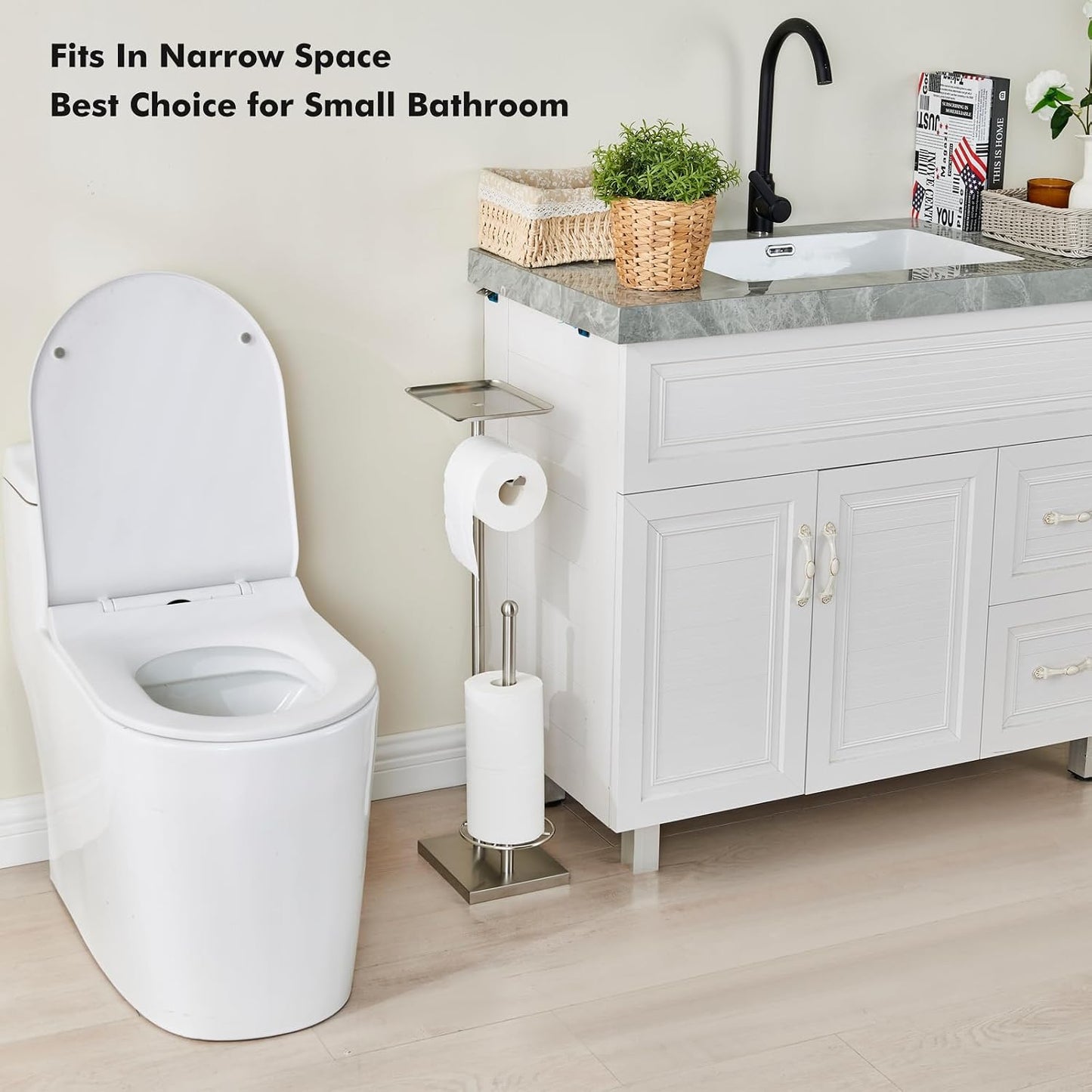 Toilet Paper Holder with Tray At the Top, Heavy-Weighted Stainless Steel Base No Wobbly, Freestanding Toilet Paper