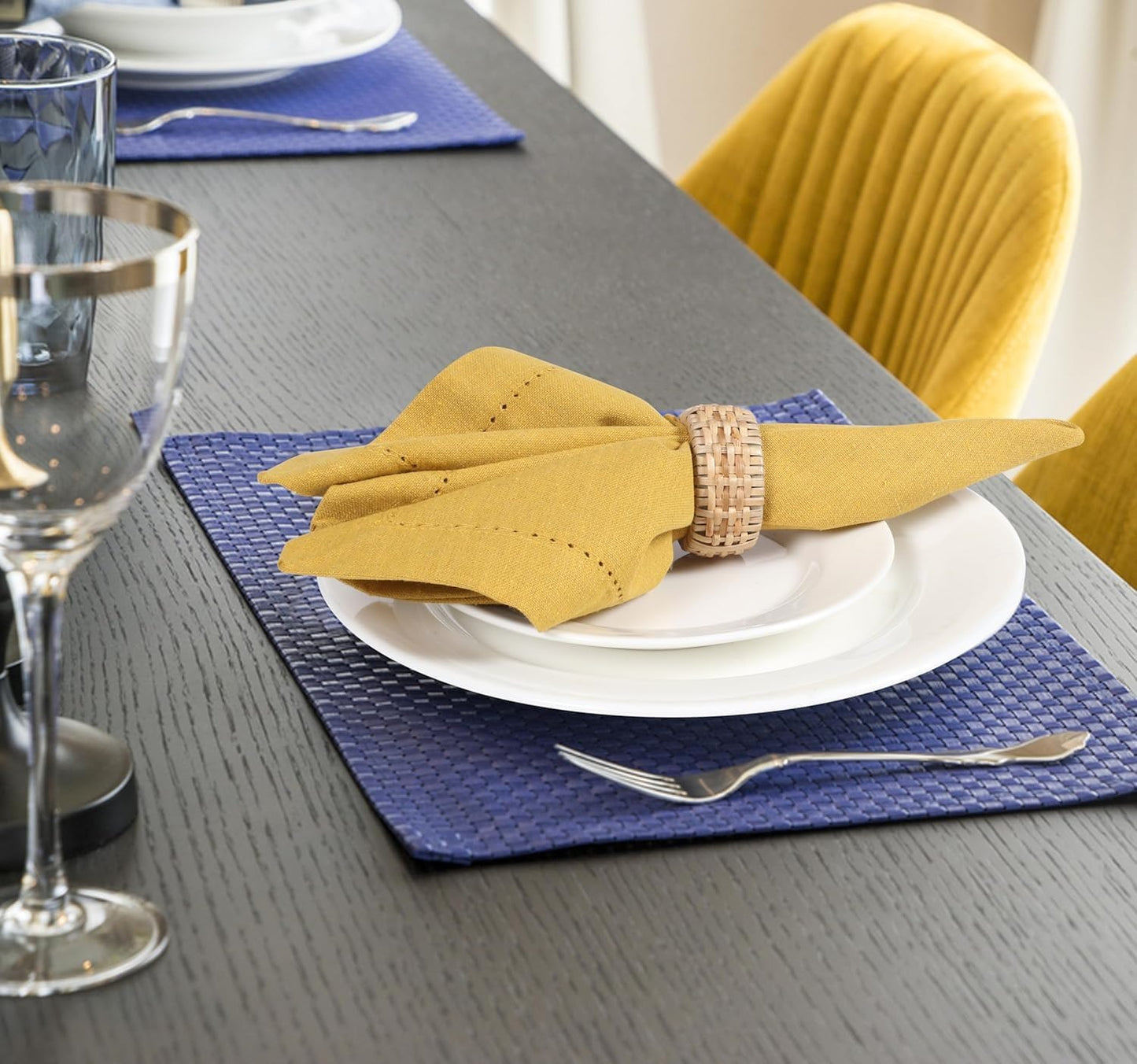 Bedding Craft Cotton Dinner Cloth Napkins Set of 12 – 18x18 Honey Yellow Hemstitched – Machine Washable Fabric Napkins