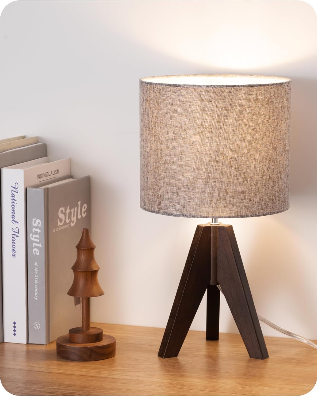 EDISHINE Boho Small Table Lamp, Wood Lamp, Grey Linen Lampshade,14.2 Inch