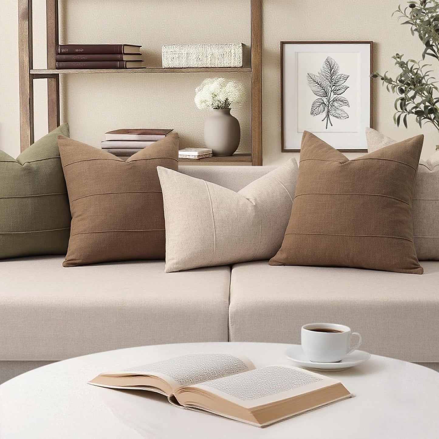 Decorative Linen Throw Pillow Covers Solid Handcrafted Striped / Coco Brown / 18 x 18 / Set of 2