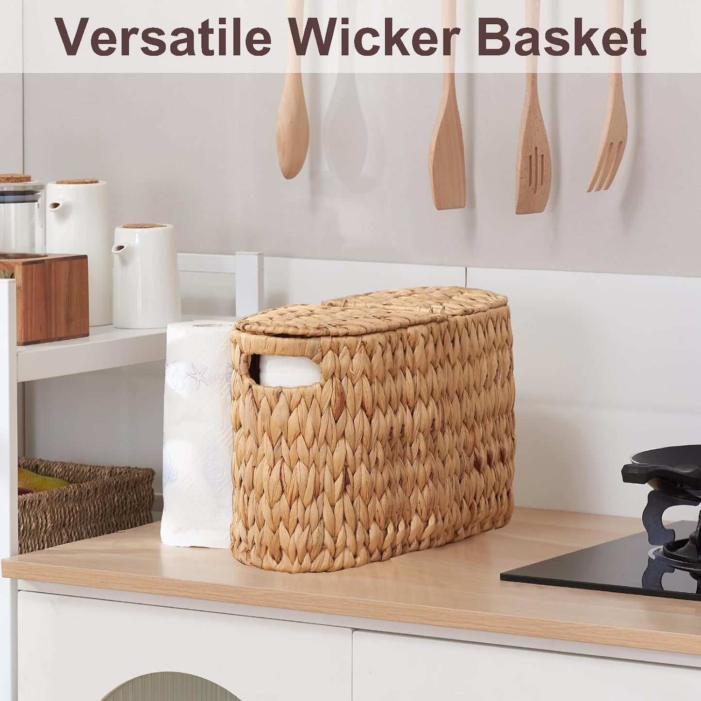 FairyHaus Wicker Toilet Paper Storage Basket with Lid & Handles, 6 Rolls Handwoven Toilet Paper Holder with Storage