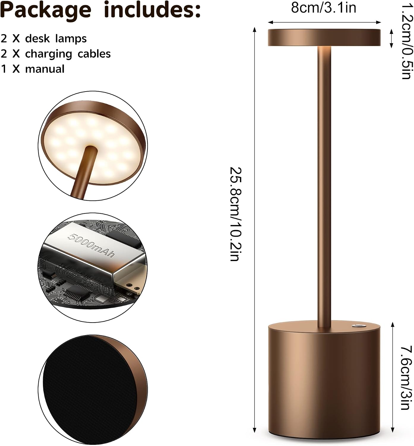 2Pack Cordless Rechargeable LED Restaurants Outdoor Table Lamp | Battery 5000mAh Metal USB Portable Powered Desk Lamp