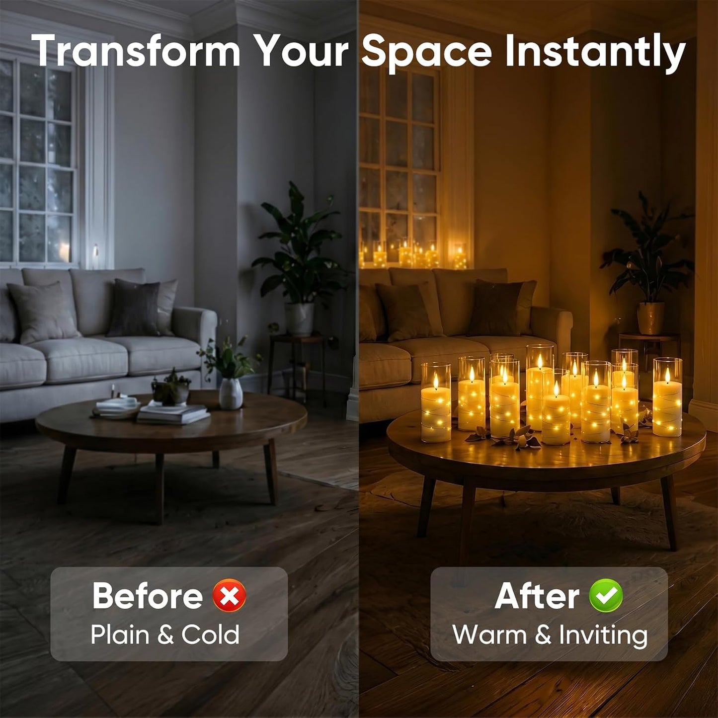 Homemory Flameless Candles with Remote Timer, Clear Acrylic Flickering LED Pillar Candles with Embedded Fairy String