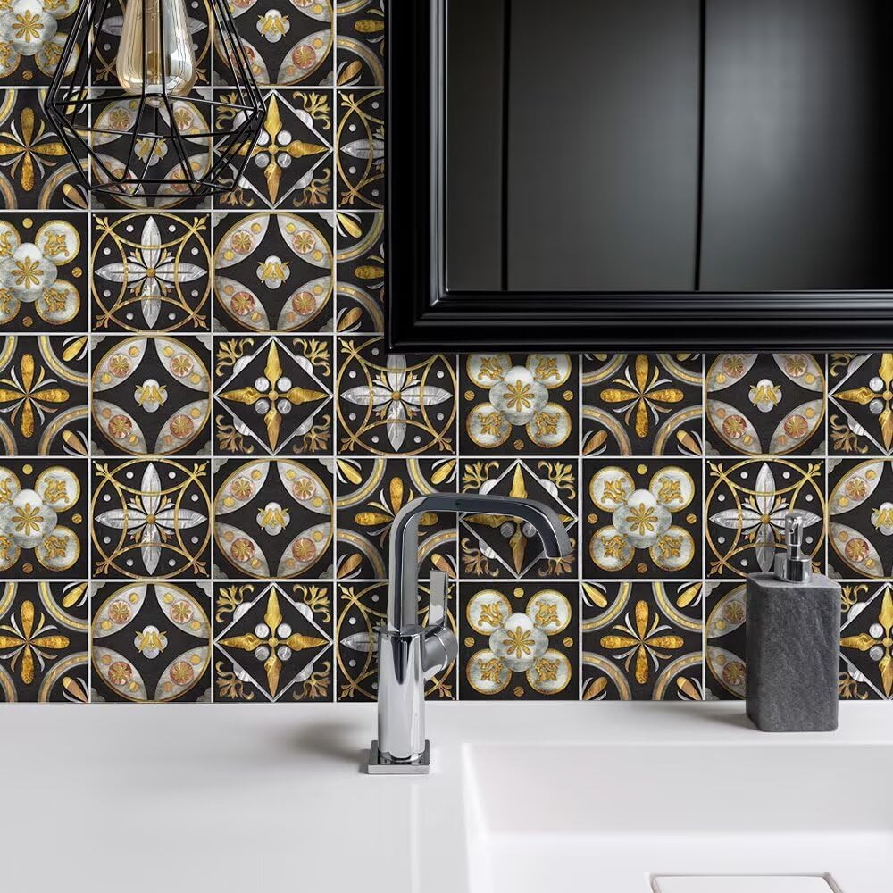 Self-Adhesive Vintage Moroccan Tile Decals Peel / 15cm * 15cm / Gold Black / 6 x 6 / Set of 10