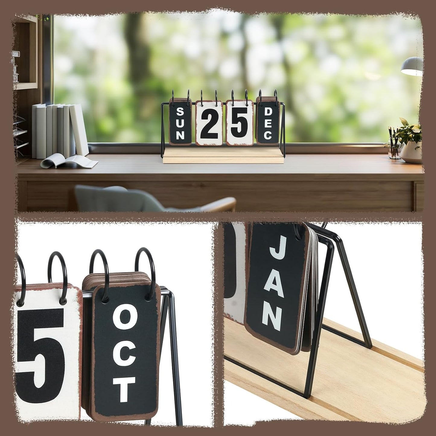 Metal Flip Calendar with Wooden Base, Daily Perpetual Desk Calendar with Large Display, Modern Farmhouse Desktop