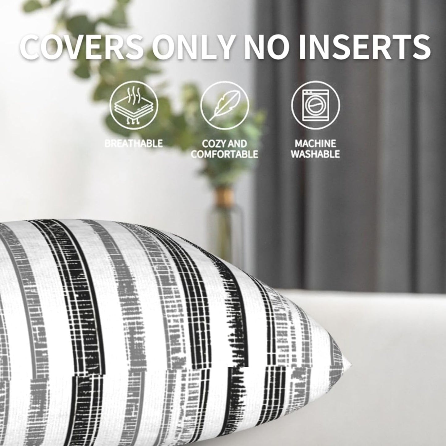 Boho Black White Grey Striped Throw Pillow Covers / 18 x 18 / Boho Black Grey Striped / Set of 2