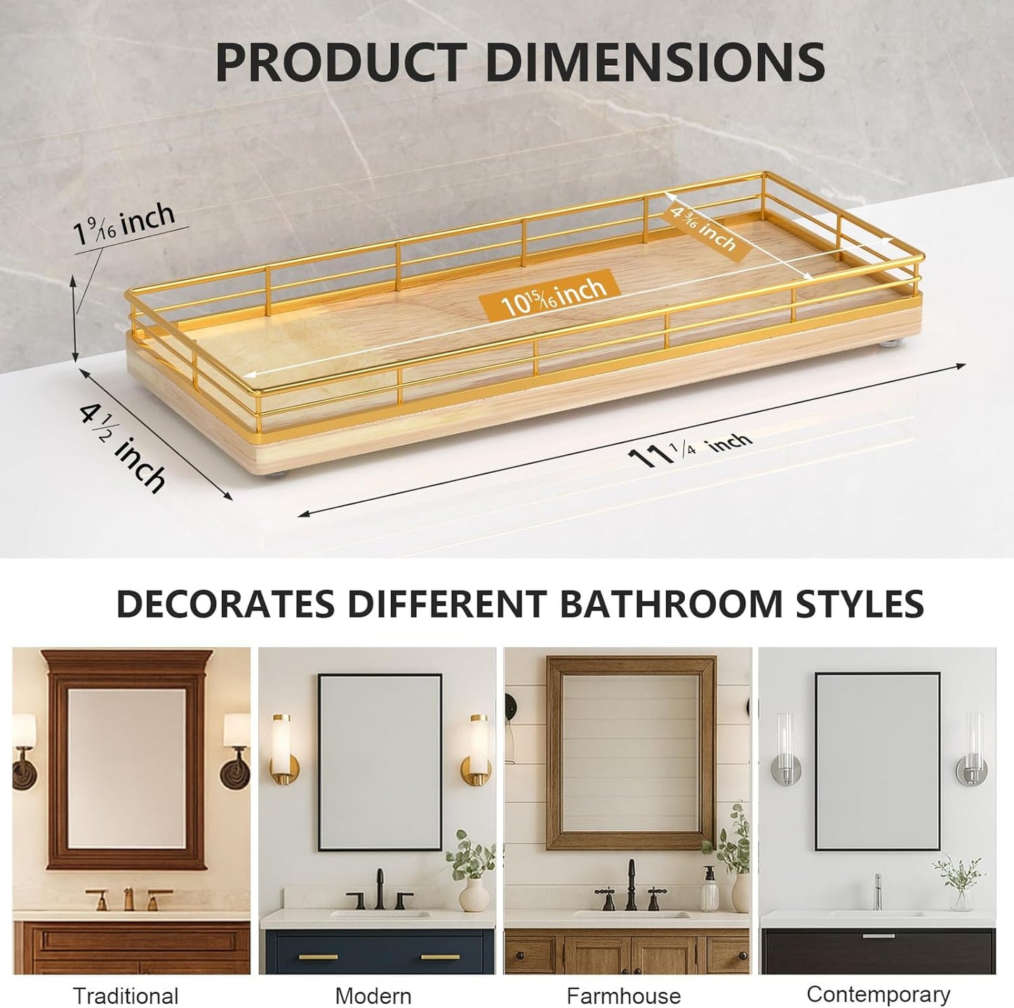 Oak Wood Vanity Tray / Gold & Oak / 11 x 4.5 x 1.5