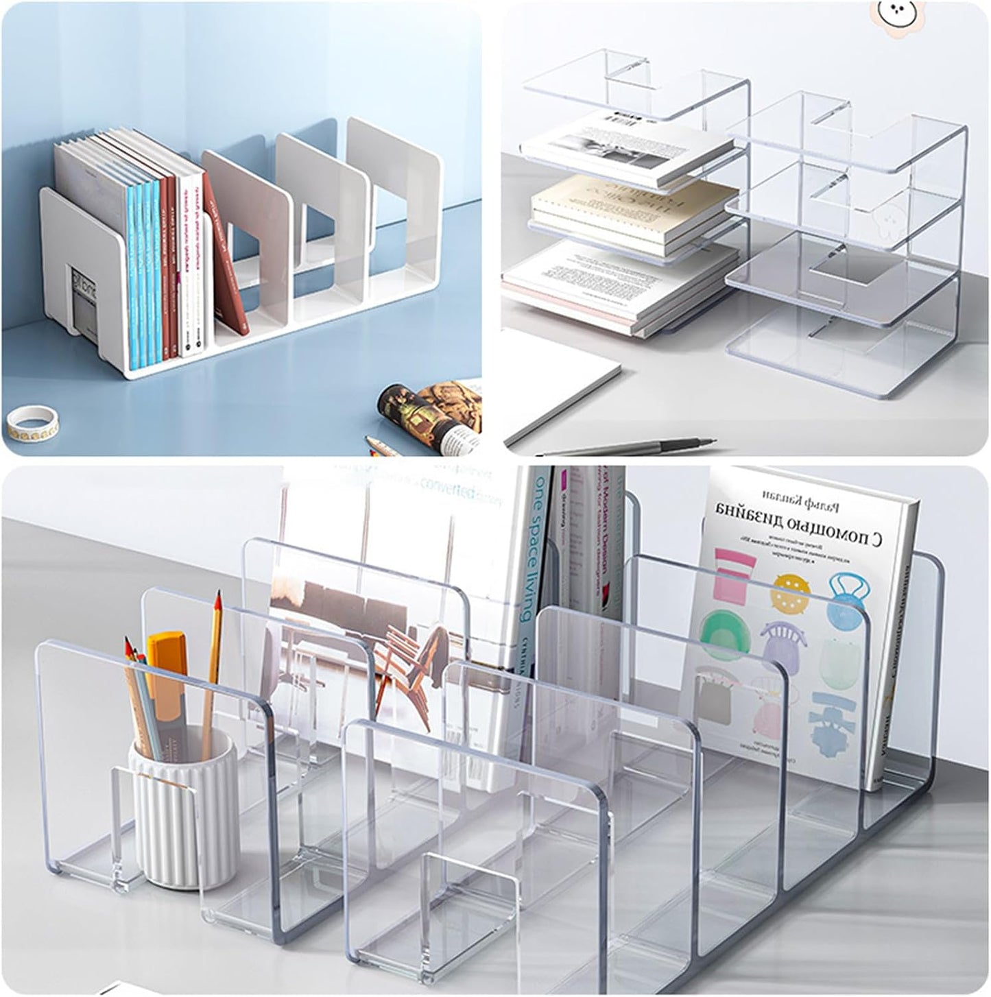 2PCS Acrylic File Organizer for Desk, Desktop Document/Mail Organizer, 4 Compartments Plastics Invisible Bookshelf
