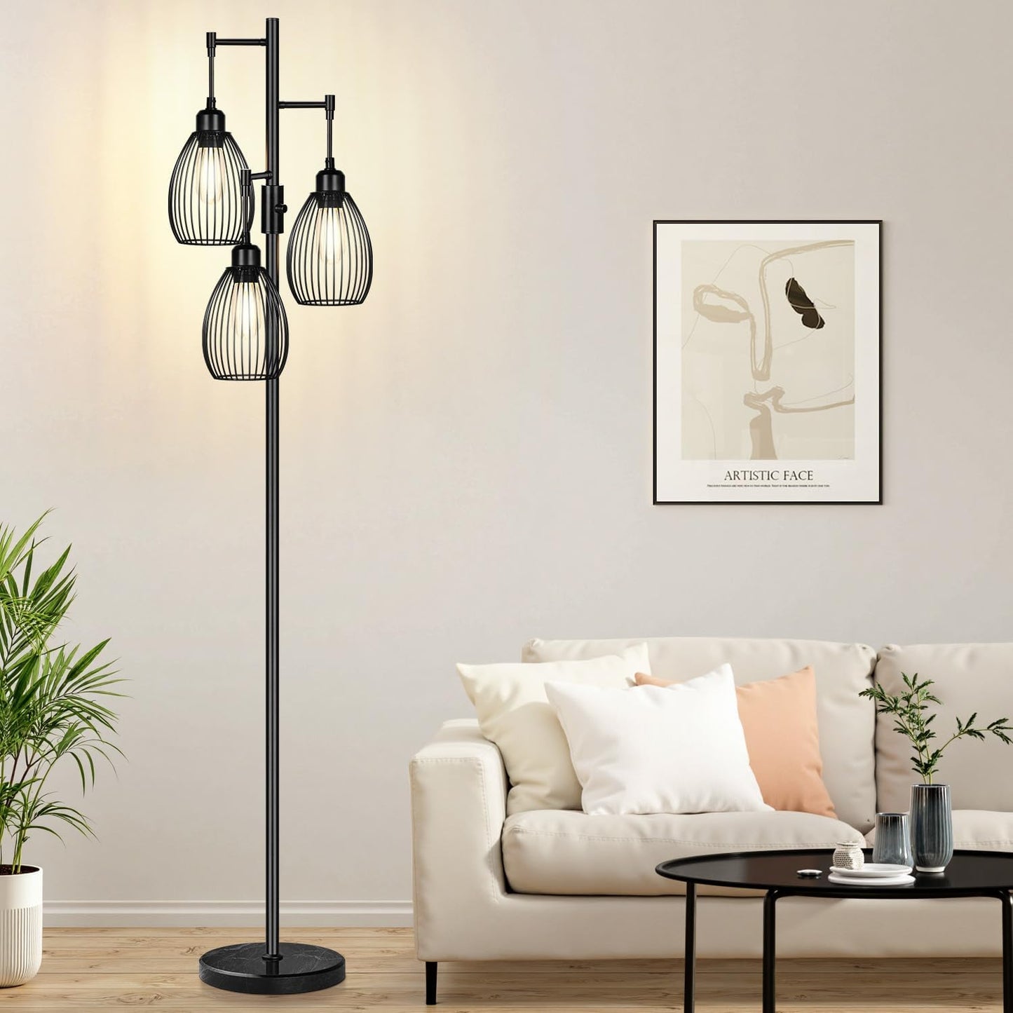 Dimmable Floor Lamp,3x800LM LED Bulbs Included, Farmhouse Industrial Floor Lamp Standing Tree Lamp with Teardrop Cage