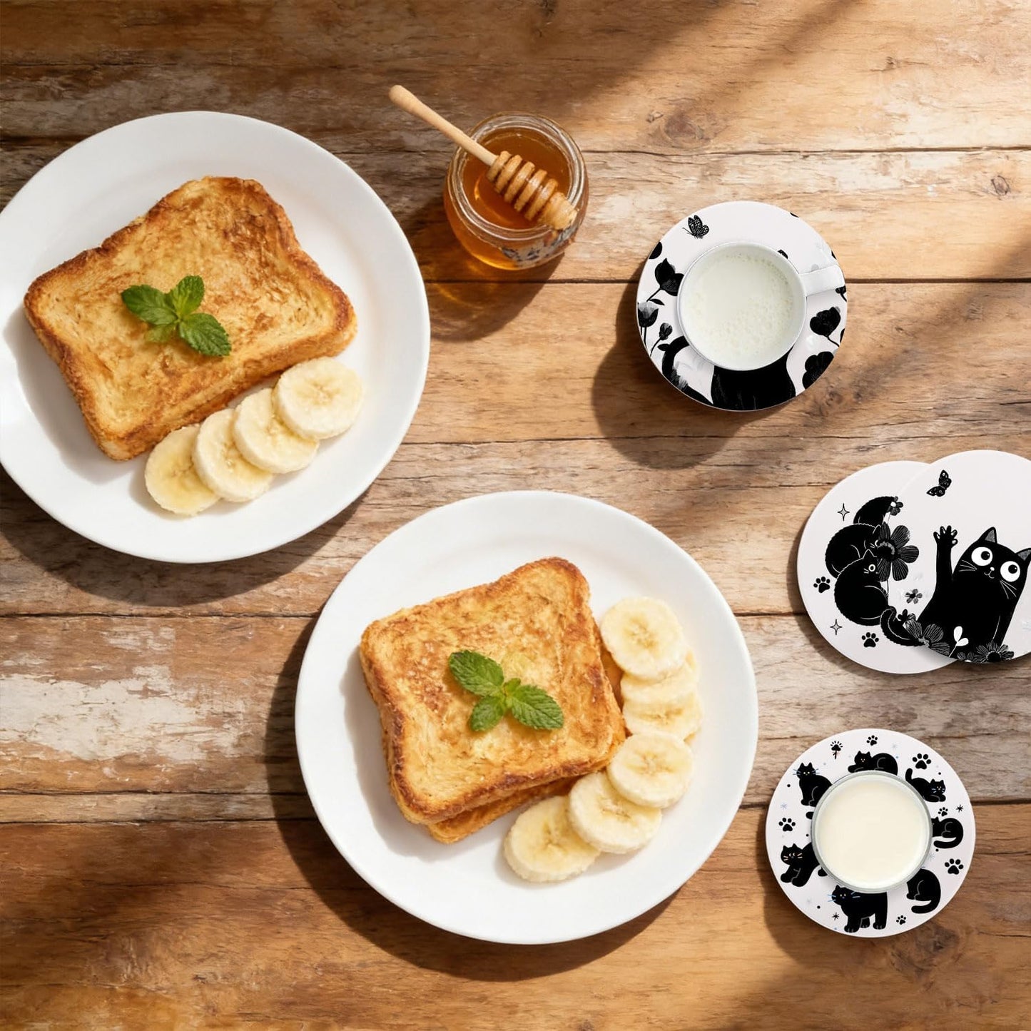 Flowers Ceramic Absorbent Coasters / Black Cat / Set of 6