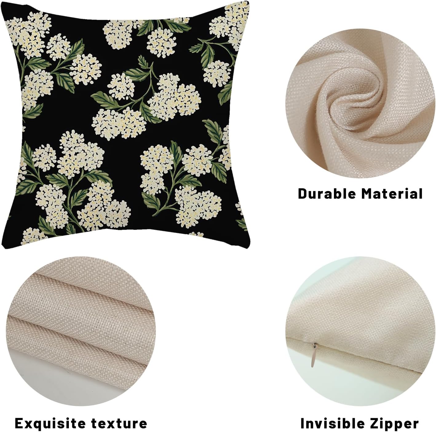 Black Spring Pillow Covers Green Hydrangea Flower Decor Throw / 18 x 18 / Black Hydrangea / Set of 2