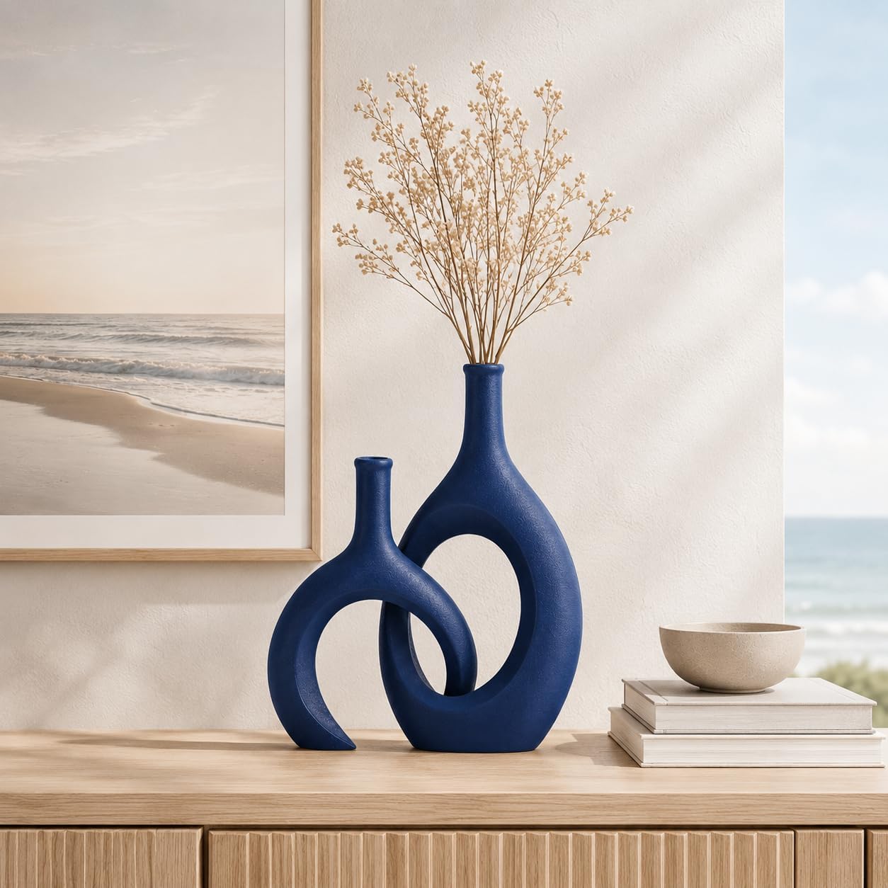 Modern Snuggle and Huging Style Ceramic Vase for Pampas Grass / Blue / Set of 2