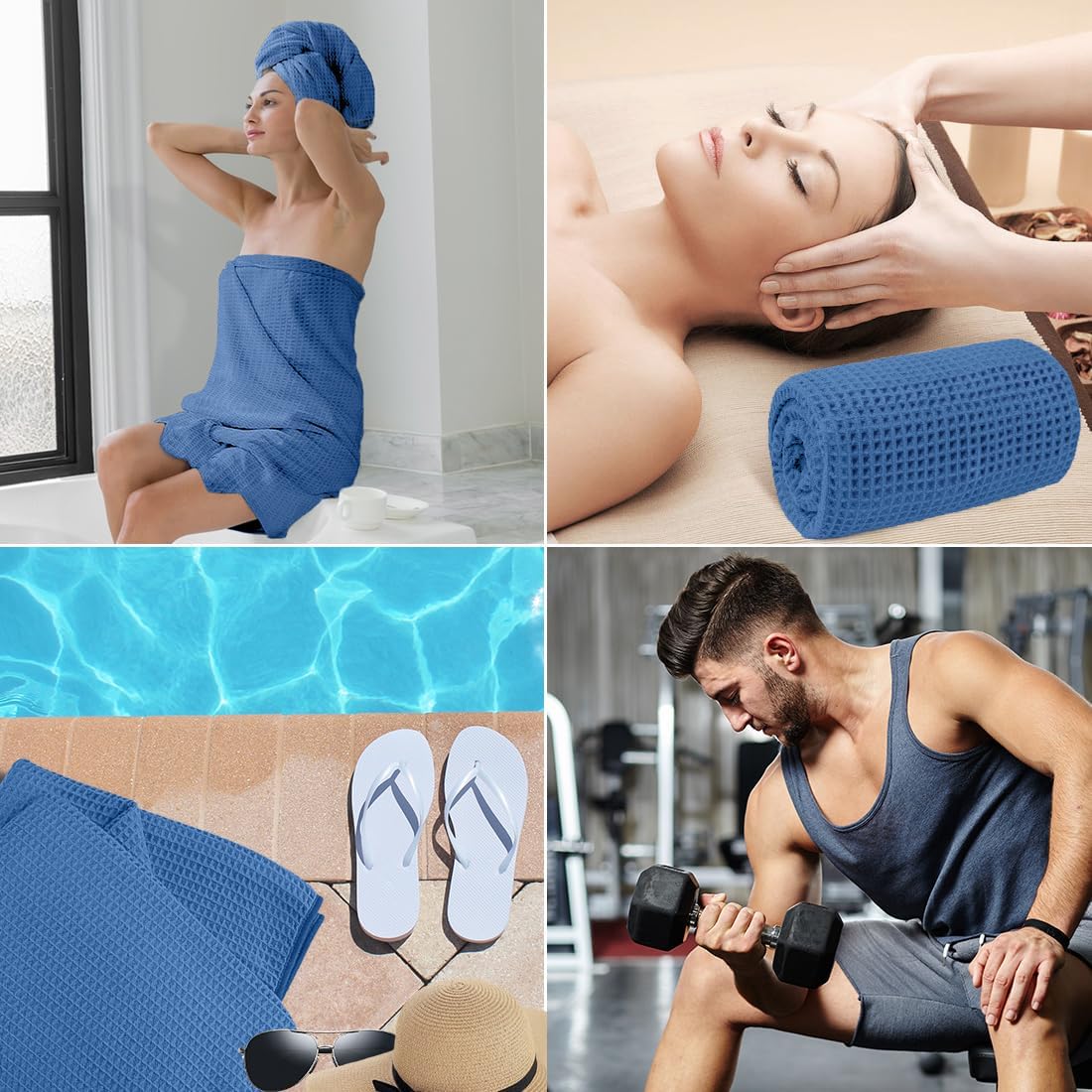 HOMEXCEL Waffle Bath Towels Set of 4 Pack, Waffle Towels for Bathroom, Blue | 400GSM Microfiber Waffle Bathroom Towel