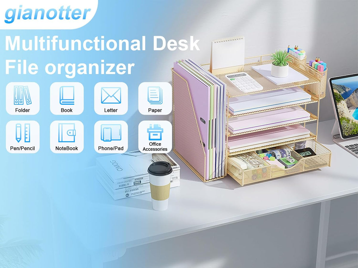 gianotter 5-Tier Desk Organizer with Drawers and File Holders | Letter Trays and Pen Holders - Workspace Accessories