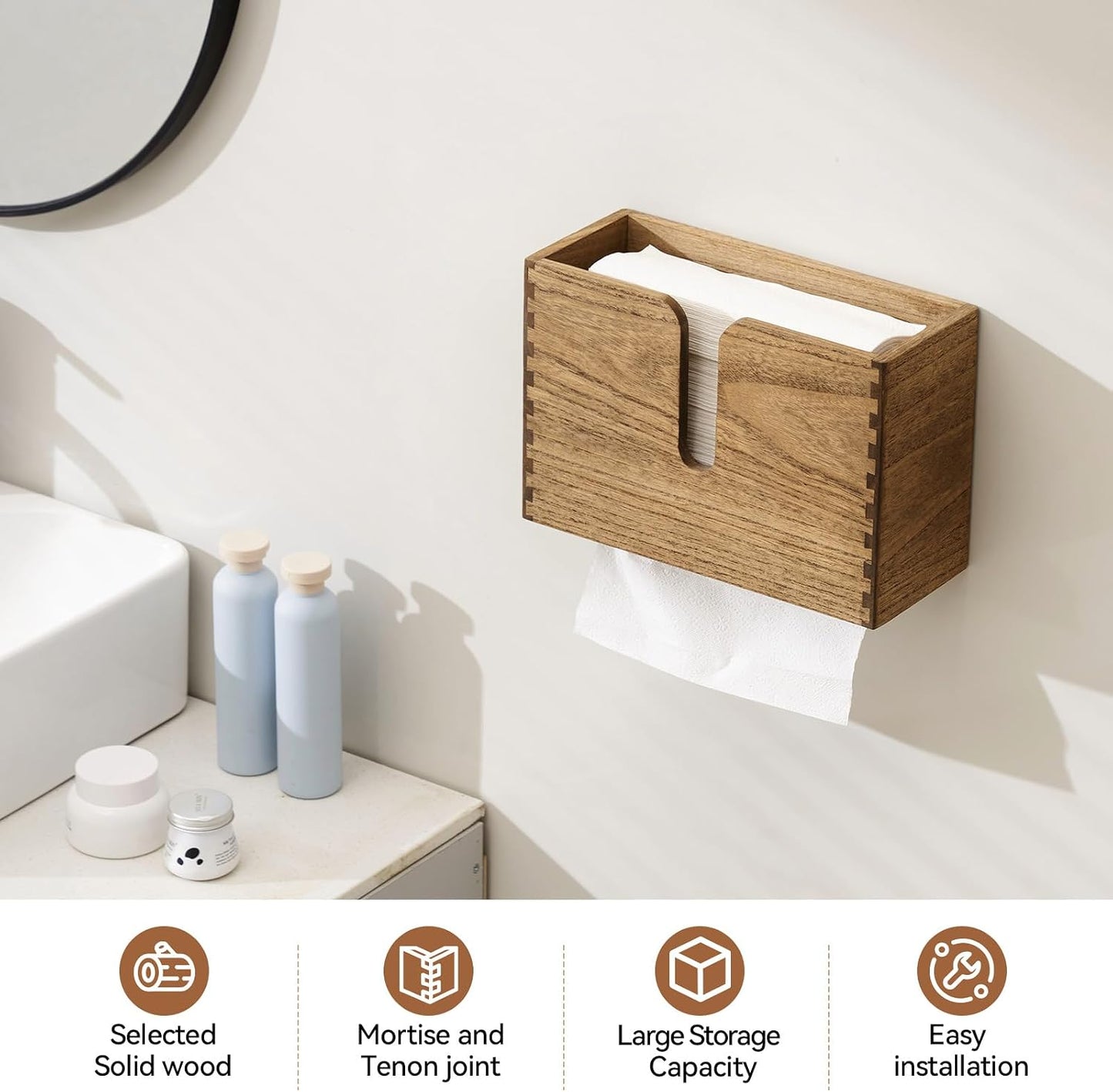 KIRIGEN Multifold Paper Towel Dispenser, Wall Mount or Countertop, Brown | Solid Wood Holder Holds up to 150 C-Fold or