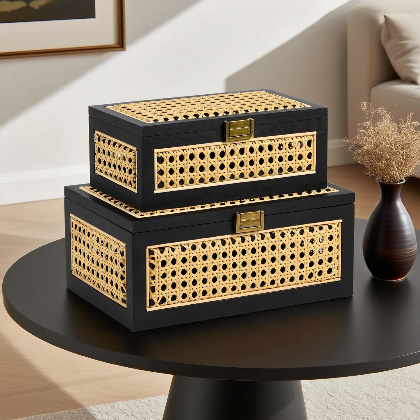 Lid Wooden Frame Boho Rustic Wicker Box Stacking / Large / Black