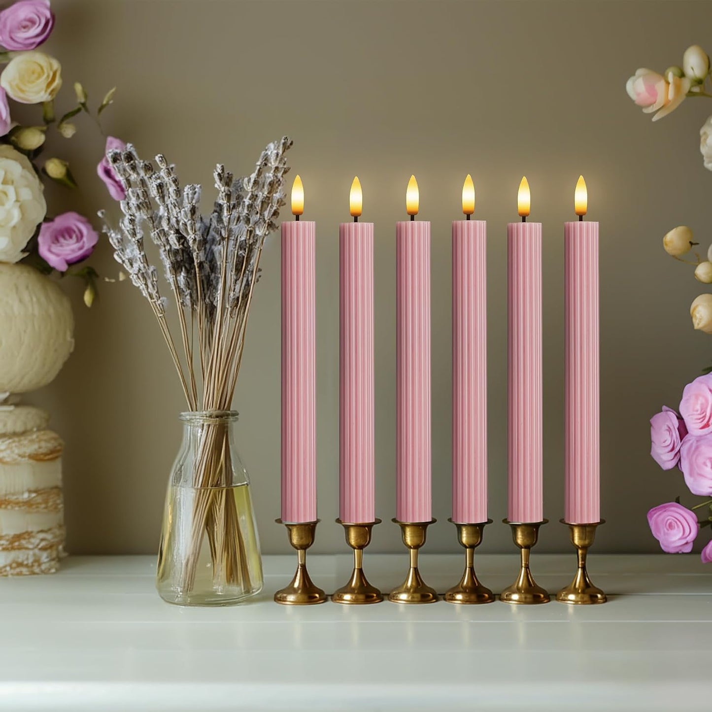 10" Fluted Ribbed LED Dusty Rose Grooved Real Wax Taper Candles, Remote & 24h Timer Memory, On/Off Switch - Flameless
