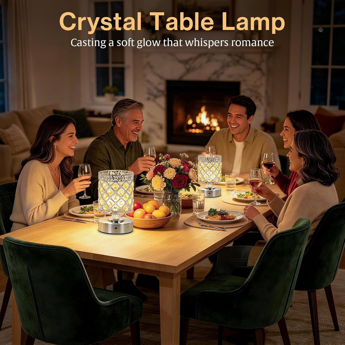 Yellow Small Crystal Rechargeable Cordless Table Lamps Set of 2 | 6000mAh Battery, 3 Color Temps, Stepless Dimming
