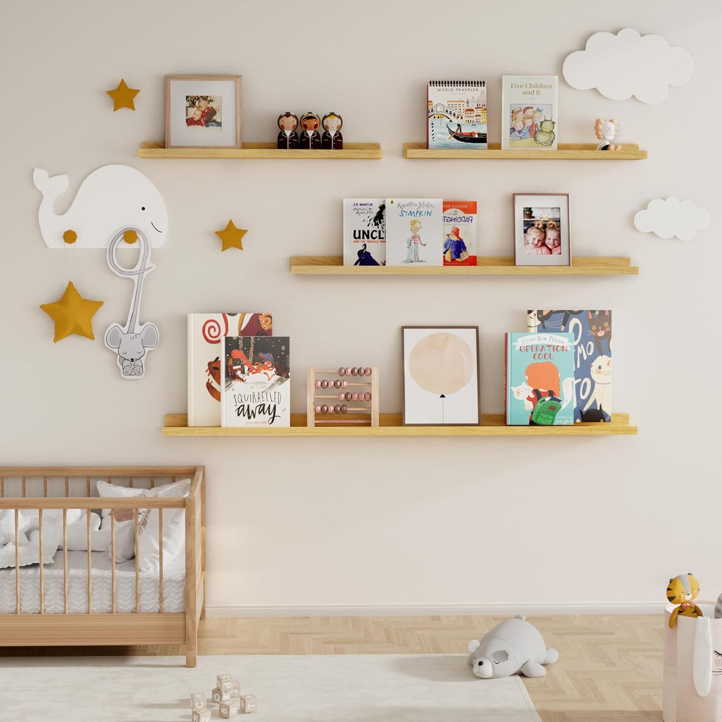 Fun Memories Picture Ledge Shelf, 48 Inch Floating Shelves Set of 2, Large Nursery Book Shelves for Toys Storage, Kids