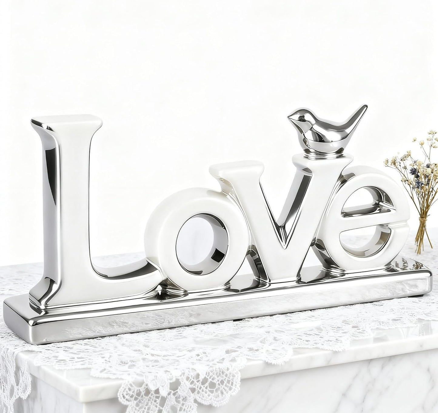 Modern Bird Sculpture Personalized Love Decor / Silver Love