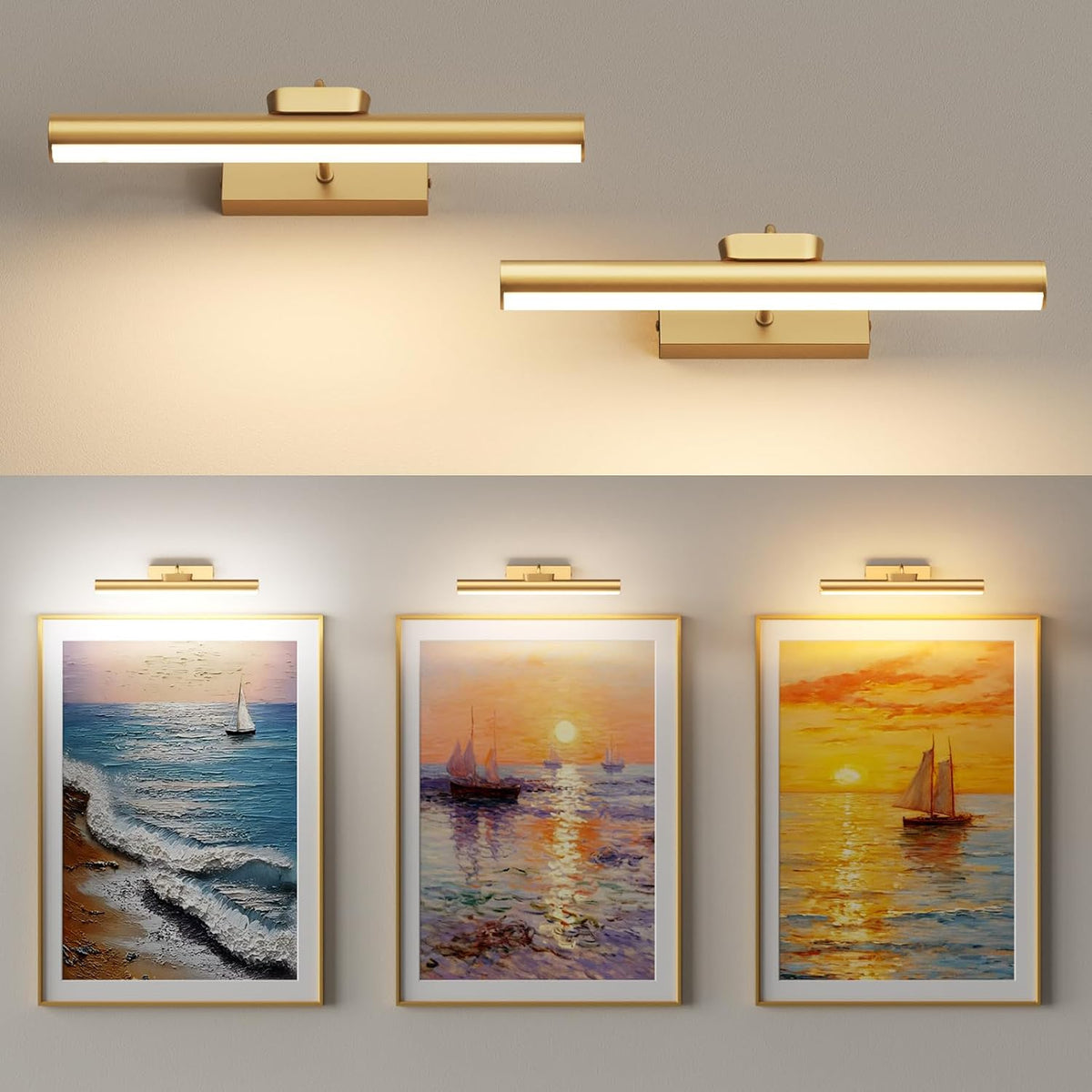13.8" Cordless Picture Light for wall, Gold, 2 Pack | 4000mAh Rechargeable art lights, RF Remote, Magnetic Detachable