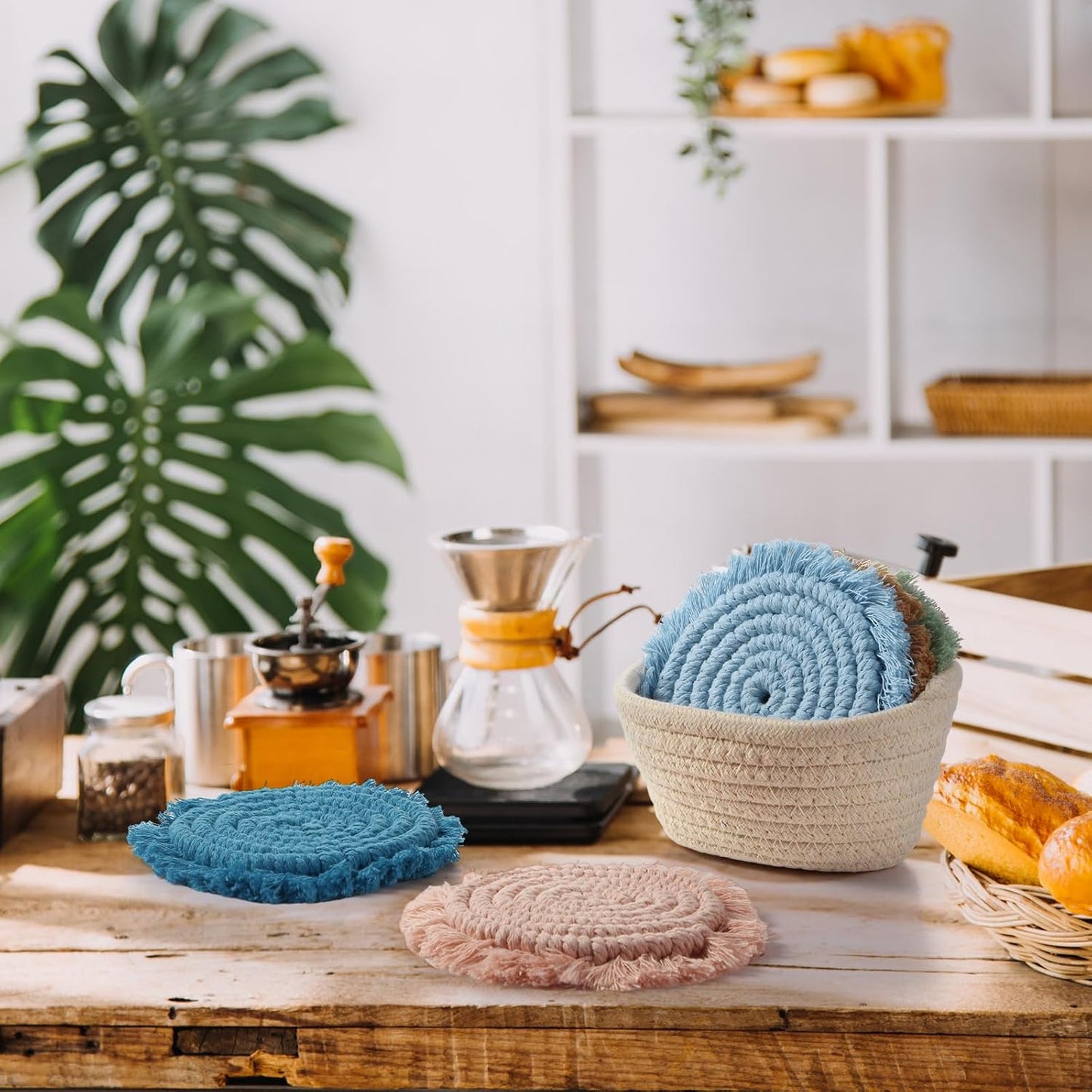 Holder Farmhouse Tassel Macrame Cup Mat / Morandi / Set of 6