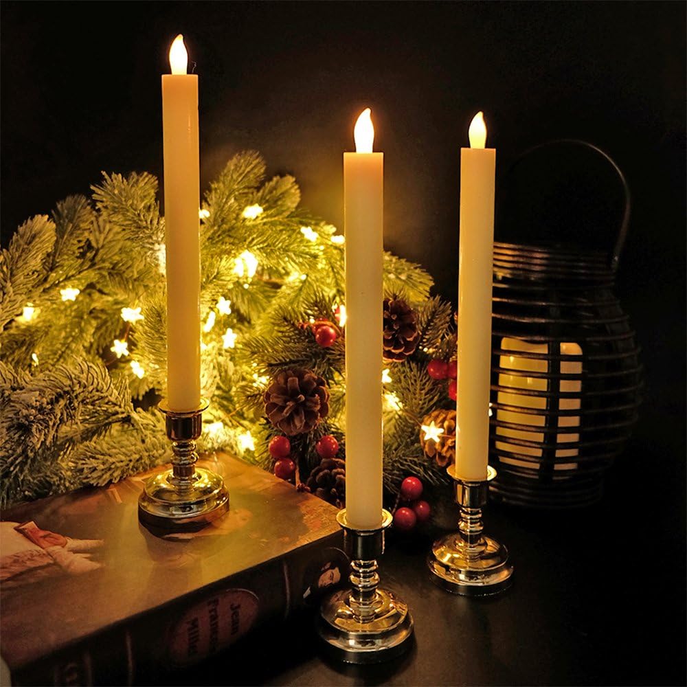 Ivory Flameless Window Taper Candles Battery Operated Remote Timer | Real Wax Long Lasting, Dimmable Warm Light, Gold