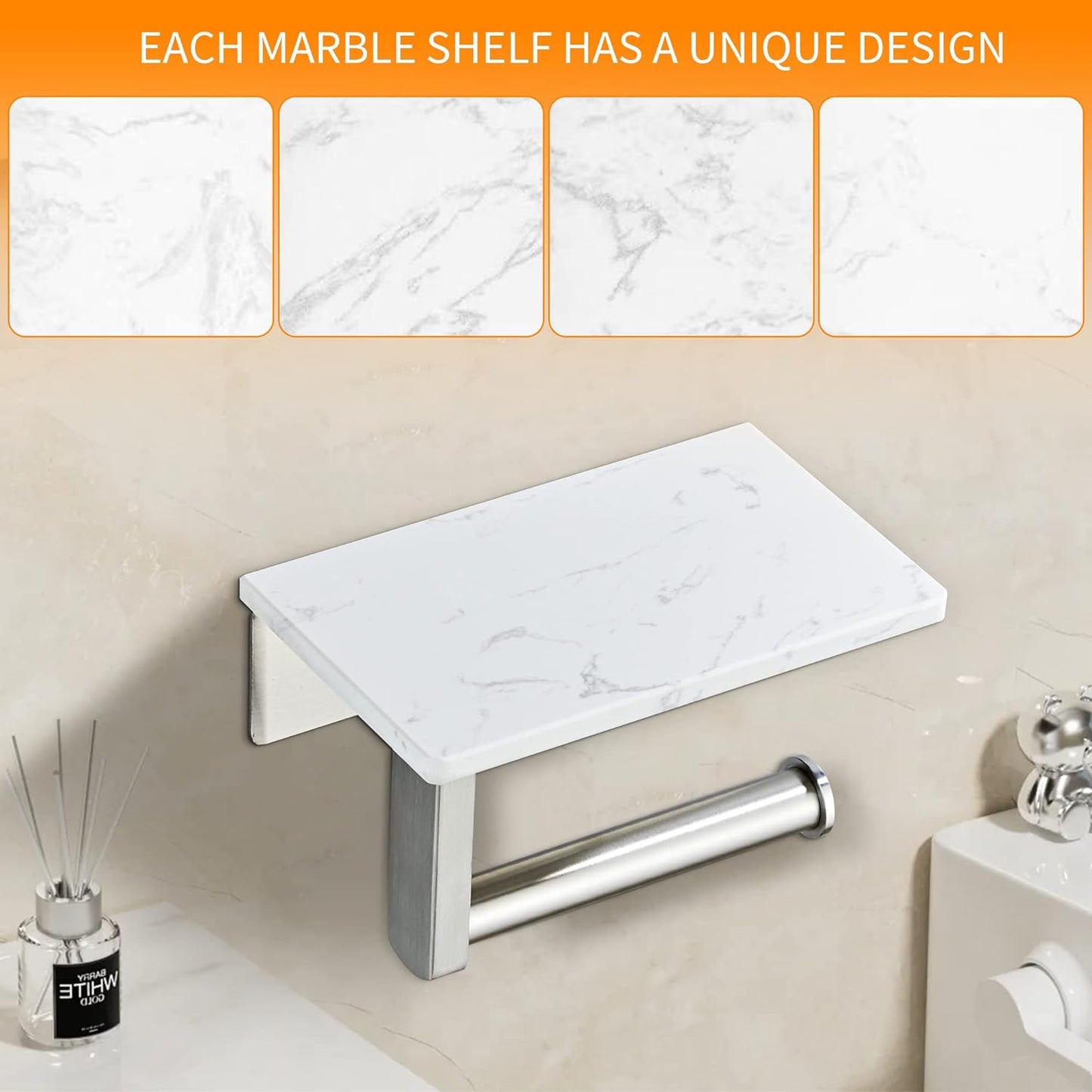 Brushed Nickel Toilet Paper Holder with Marble-Look Shelf, Wall Mounted SUS304 Stainless Steel Toilet Roll Holder with