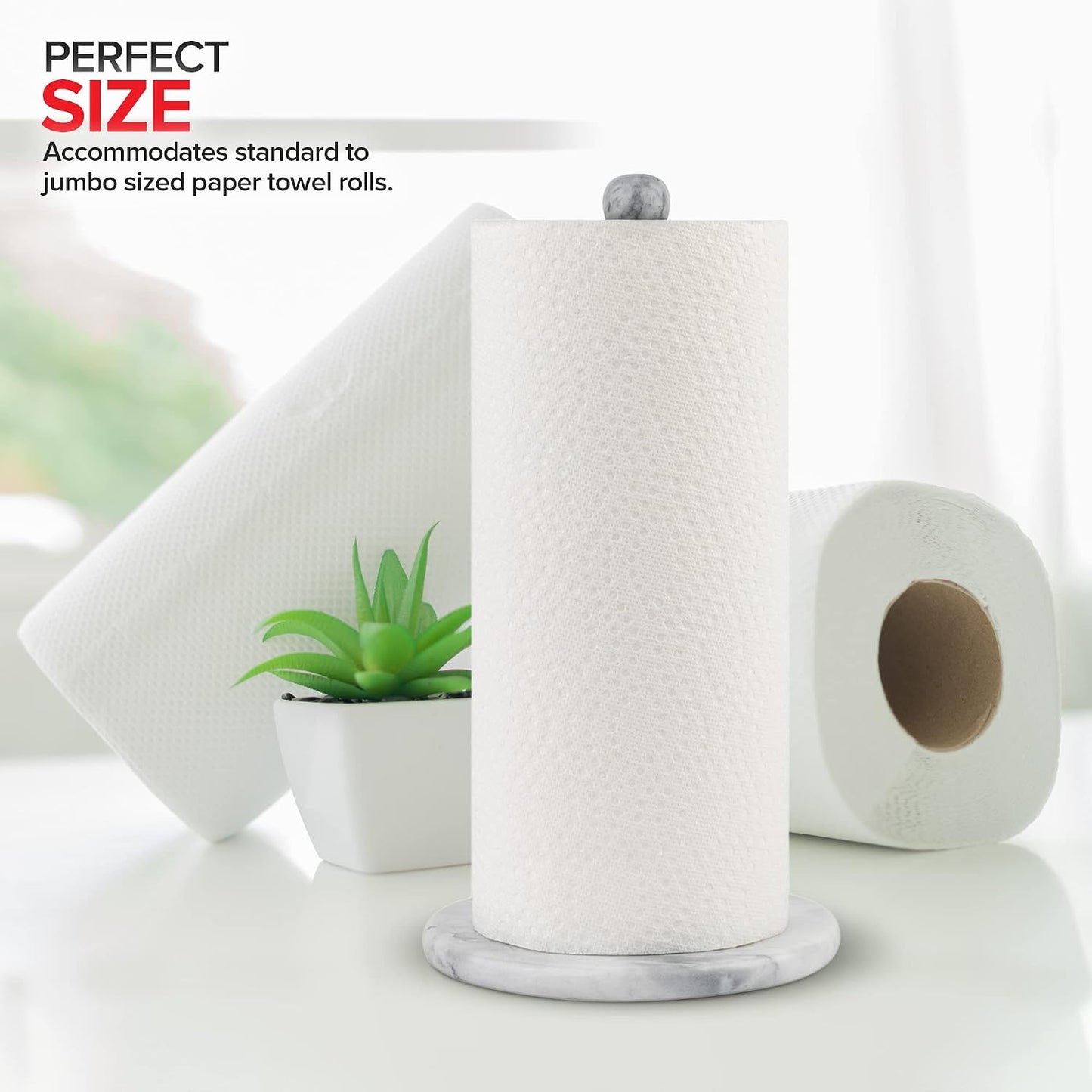 Modern Innovations Marble Paper Towel Holder Countertop Stand in White, for Kitchen and Bathroom, Heavy-Weight