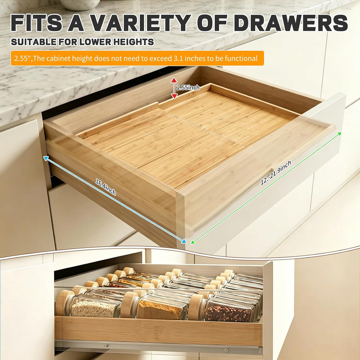 Bamboo Spice Drawer Organizer Expandable(Fits 2.6" Deep or Deeper Drawers), 4-Tier Spice Rack Drawer Insert for Kitchen