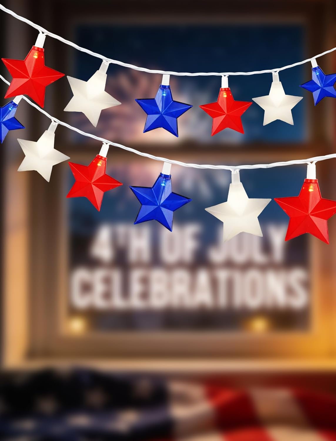 20-Light Patriotic Star String Lights, Red White and Blue LED Star Lights