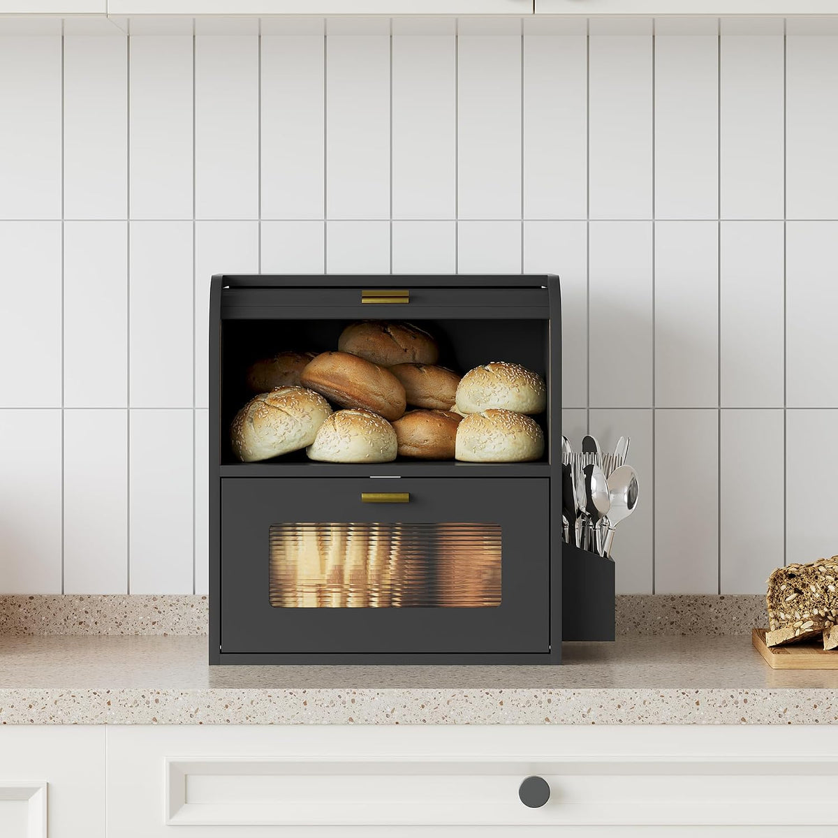 TQVAI Roll Top Bread Box for Kitchen Countertop, Keep Fresh Longer, Easy to Maintenance, Double Layer Vintage Wooden