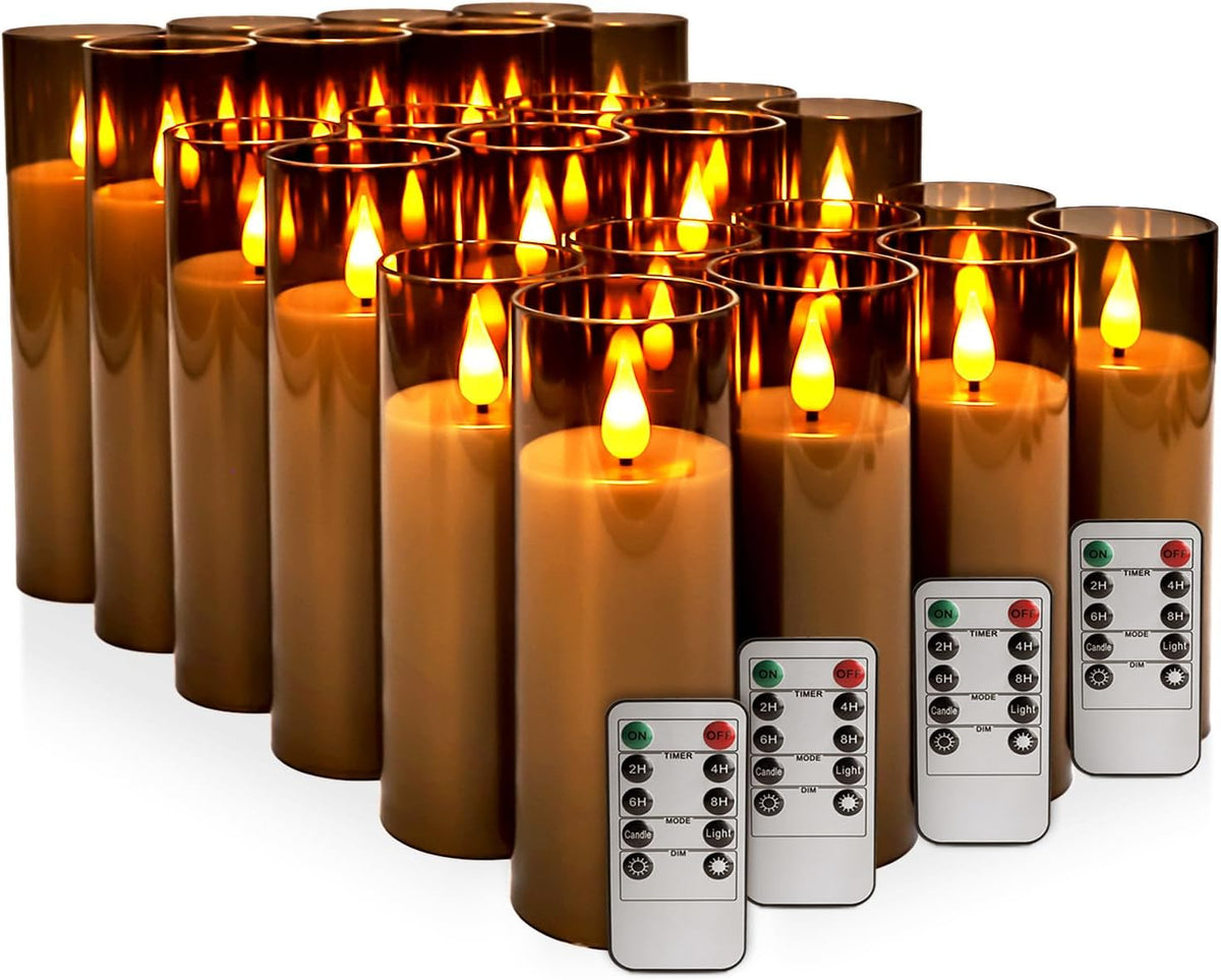 24 Pack LED Gray Flameless Candles with Remote, 3D Flickering Battery Operated Candles in Glass Holders, Safe for