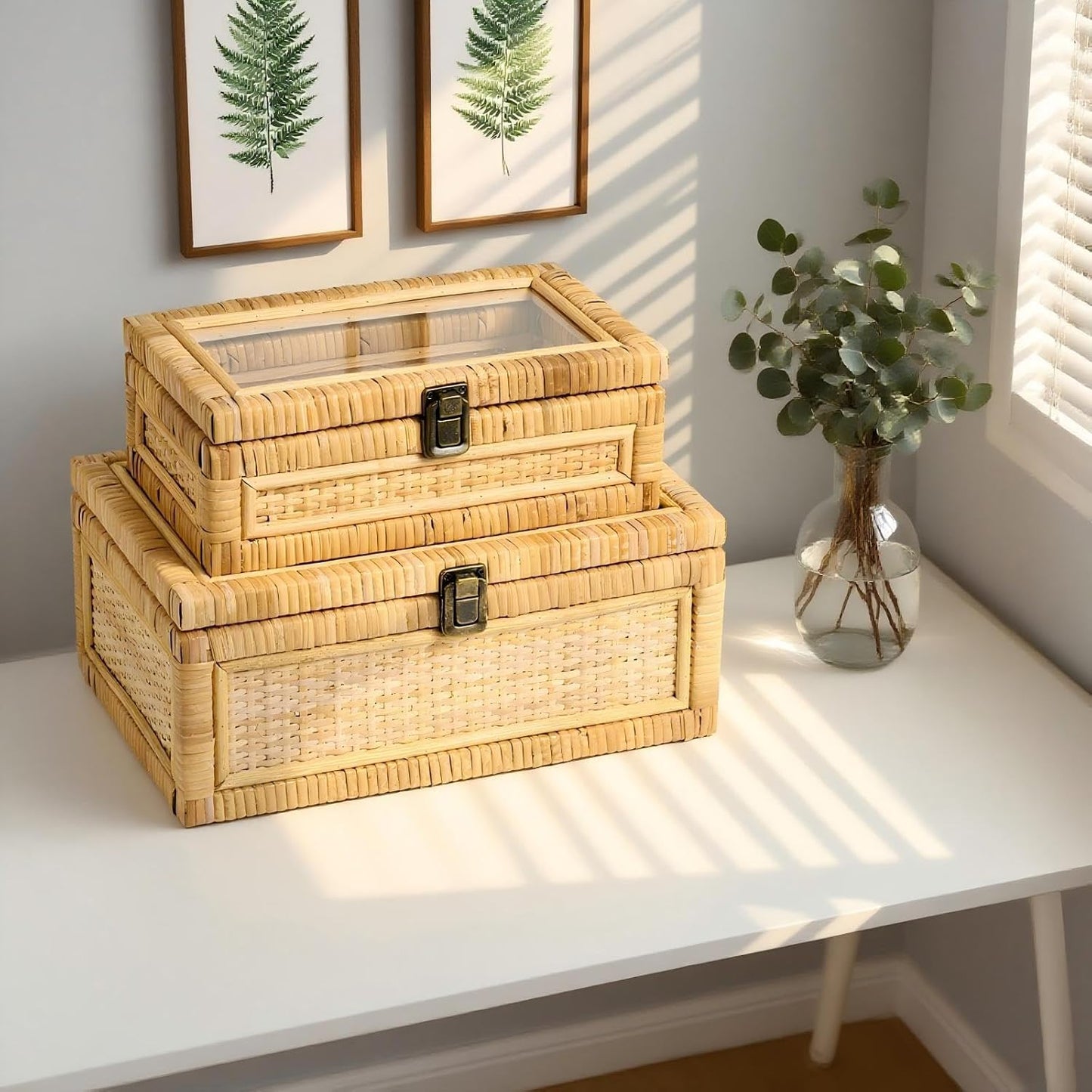 Clear Lid Wooden Frame Decorative Handmade Boho Woven Rattan Wicker Baskets Cane / Small / Natural