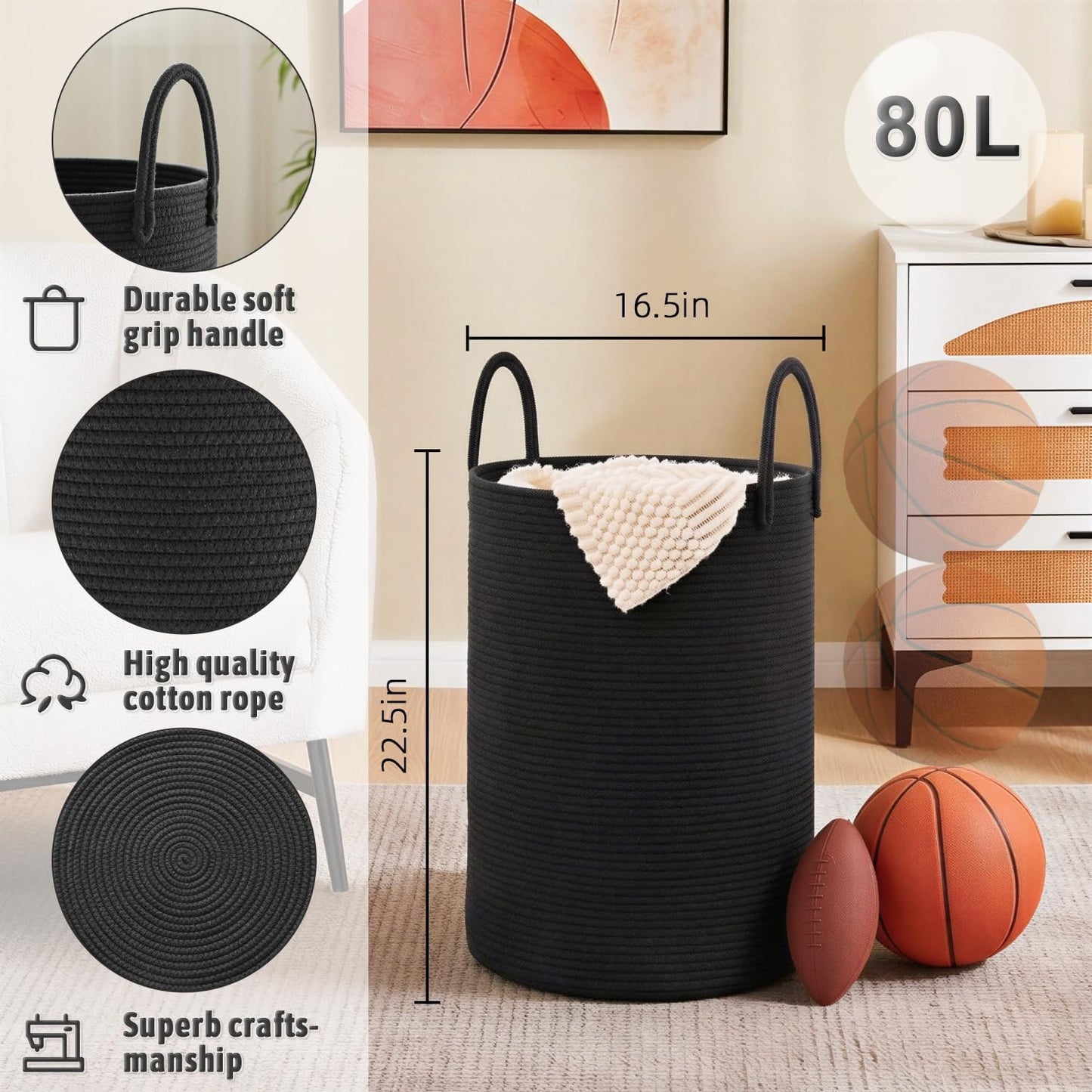 Laundry Basket / Woven Cotton Rope Laundry Hamper / Dark Black / 80L