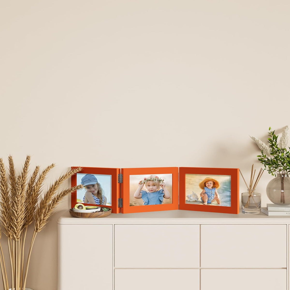 decorUhome Orange Triple 7x5 Picture Frame Horizontal, MDOR08 | "Z" Shape Folding Design Engineered Wood Trifold Photo